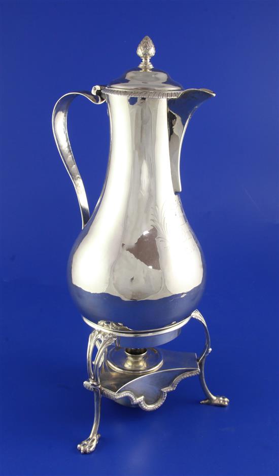 A George III silver hot water jug on tripod stand with burner, 25.5 oz.